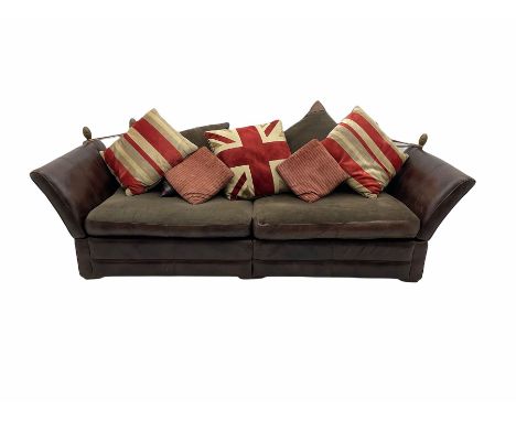 Knowle style grand drop arm sofa, upholstered in antique tan leather and fabric with contrasting scatter cushionsDimensions: 