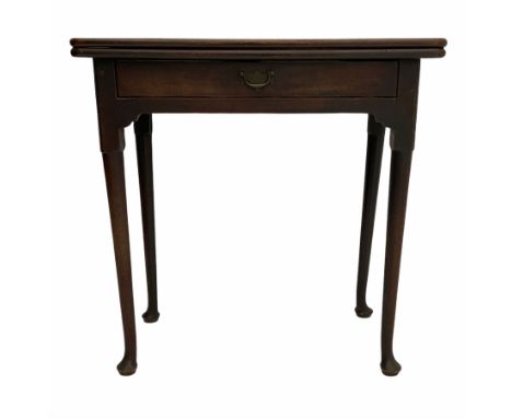 George II mahogany side table, rectangular fold over top, single frieze drawer, on single gate leg action base with pad foot 