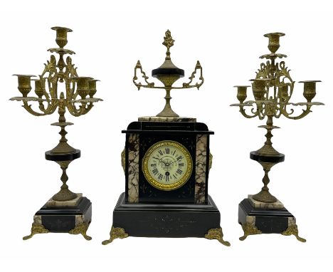 Late 19th century French mantle clock with a Parisian single train eight-day timepiece movement, enamel dial with roman numer