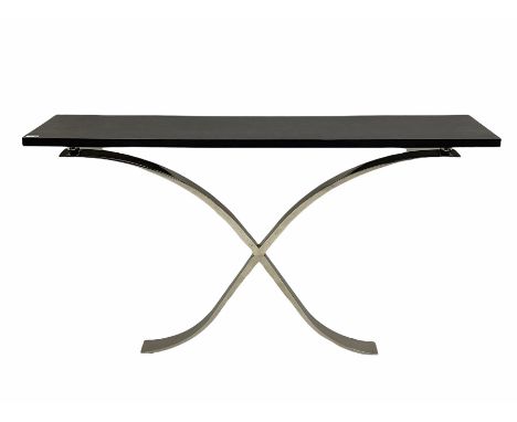 Contemporary console table, ebonised rectangular top on chromed curved x-framed baseDimensions: Height:&nbsp;85cm&nbsp; Lengt