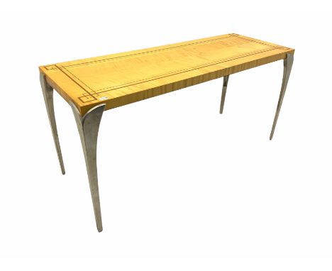 Italian maple console table, satin chrome legs, inlaid topDimensions: Height:&nbsp;74cm&nbsp; Length/Width:&nbsp;154cm&nbsp; 