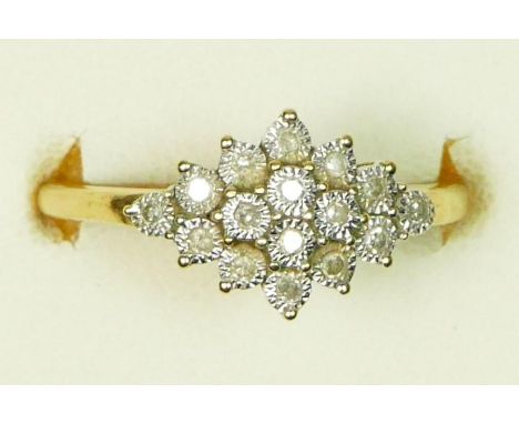 A 9ct gold and diamond illusion set cluster ring, M, 2.5gm 