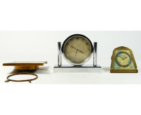 A 1930s Art Deco chrome mantel clock, with 8 day movement, 12cm tall, together with a French brass desk clock and a Swiss bed