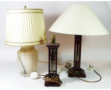 A pair of modern Mcintosh style table lamps by Carrick of Scotland, 32cm tall, together with a marble table lamp &amp; shade 