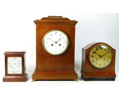 A mid 20th century German burr walnut mantel clock, having 8 day movement striking on gong, 22cm tall, together with a mahoga