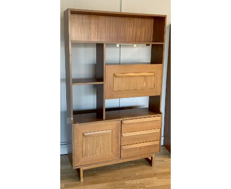 A Stateroom by Stonehill room divider / bookcase, with hinged drop door with melamine shelf, opens to reveal a fitted interio