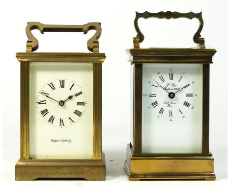 A French 8 day brass carriage clock, together with an unnamed example, 12cm tall. (2) 
