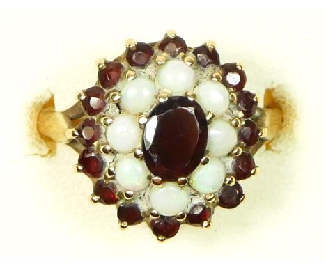 A 9ct gold opal and garnet cluster ring 17 x 14mm, P, 4.1gm 