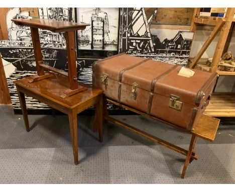An early 20th century traveling&nbsp; trunk with fitted interior, together with a mahogany church bench, 118cm x 48cm x 30cm,