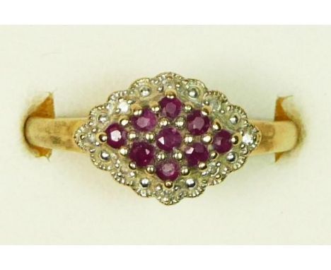 A 9ct gold ruby and diamond lozenge shape cluster ring, P, 2.5gm 