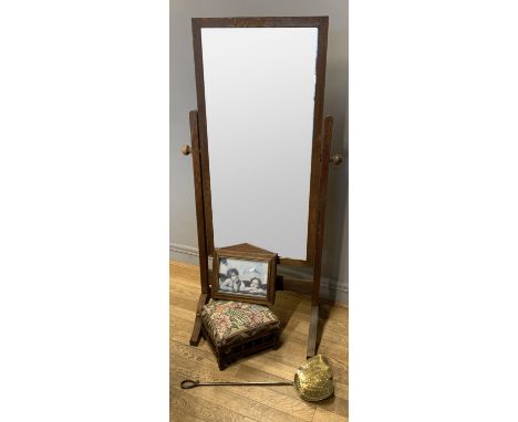 A 3/4 length free standing mirror, with adjustable tilt, on bracket feet, 52cm x 140cm, together with a foot stool with padde