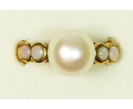 A 9ct gold, 9mm cultured pearl and opal ring, M, 3.7gm 