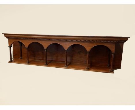 A mahogany architectural surmount (potentially mounted above a bar), with Corinthian style columns and plate rack, wall hangi