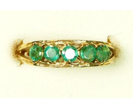 A 9ct gold five stone emerald ring, N, 2.5gm 