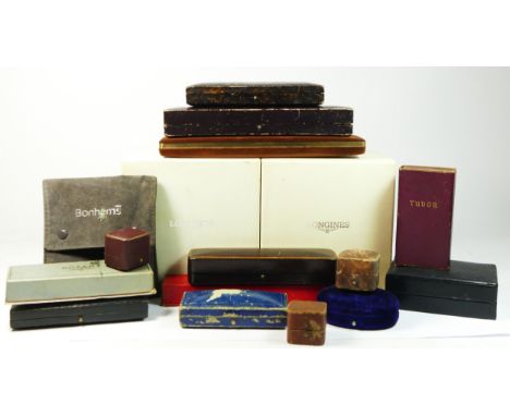 A 1950's Tudor wristwatch box, a Rotary box, two Longines boxes and various jewellery boxes. 