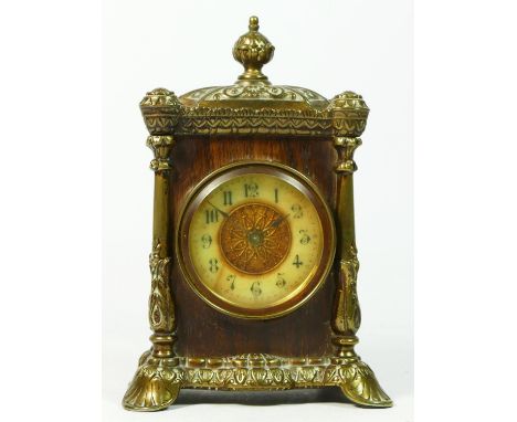 A late 19th century mahogany cased & gilt brass mantel clock, enamelled dial with arabic numerals, 8 day movement stamped ' M