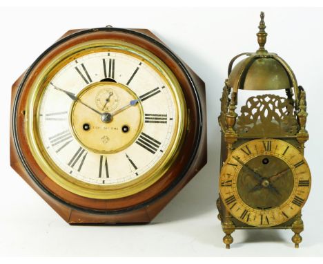 A brass Astral lantern clock, 8 day movement stamped 'Made In England' 30cm tall, together with an 8 day lever Ansonia wall c