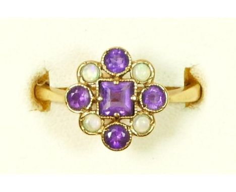 A 9ct gold amethyst and opal cluster ring, O, 2.4gm 