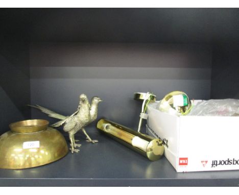 A pair of modern light fittings, brass bowl and a pair of plated pheasants