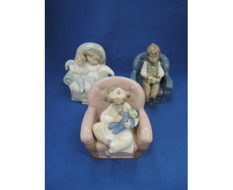 Three Nao figurines, Mother and Child, Children with Toys in Armchairs