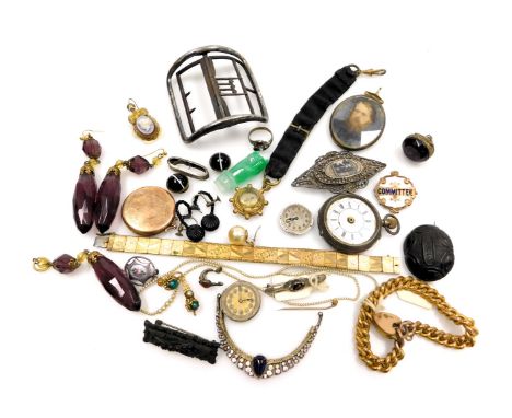 19thC and later silver and costume jewellery, including a gold plated curb link bracelet on a heart shaped clasp, Victorian p