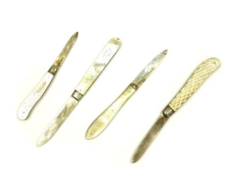 Four Victorian and later silver folding fruit knives, mother of pearl bound. 