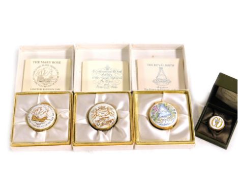 Four Crummles enamel boxes, comprising The Mary Rose, built at the command of Henry VIII 1509, box to commemorate the birth o
