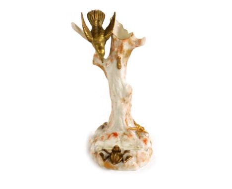 A late 19thC Royal Worcester porcelain spill vase, circa 1879, of tree form, modelled with a bird on a branch, with a frog be