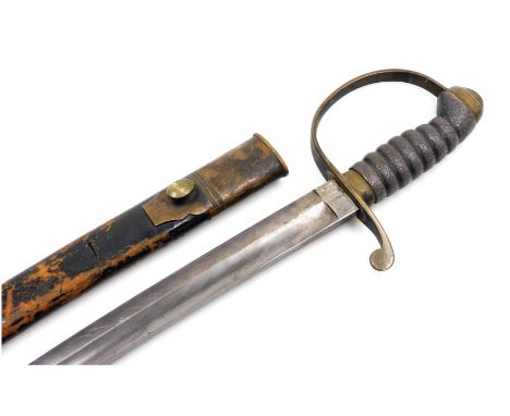 A short cavalry sword, with a shagreen grip, and brass hilt, in a  leather scabbard, 74cm wide.