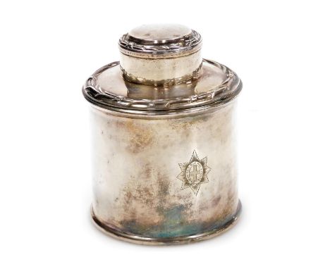 A George III silver tea caddy, of cylindrical form, embossed with wreaths of leaves, engraved with the star and garter, possi