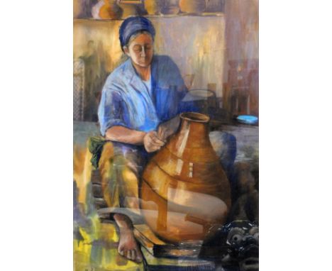 Marcia Worth (20thC). Woman seated crafting a ceramic pot, pastel, monogrammed, 63cm x 43cm. 