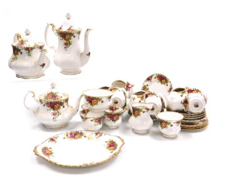 A Royal Albert porcelain Old Country Roses pattern tea and coffee service, comprising pair of teapots, coffee pot, cream jug 