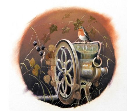 David Waller (British, b.1945). The Hand Grinder and Robin, oil on canvas, monogrammed and dated 1992, 40cm x 51cm.