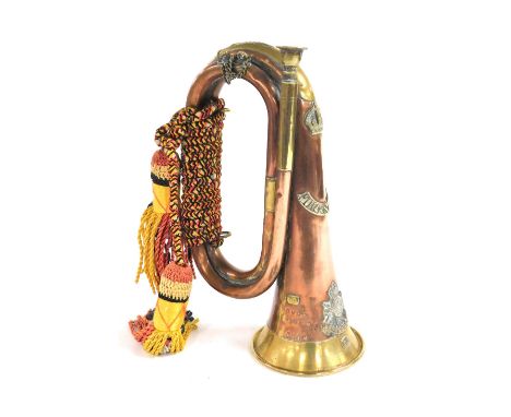 A copper and brass military  bugle, stamped with a Notts &amp; Derby Regimental badge, Foresters to the side, stamped Somme 1