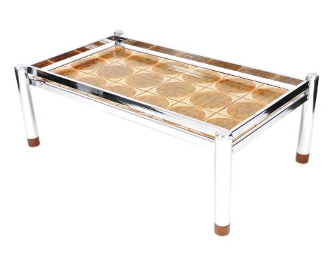 A Danish 1970s chrome and tile topped coffee table, of galleried rectangular form, the top inset with eighteen tiles with cir