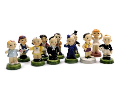 Eleven Carltonware pottery Kids figures, limited edition, boxed, comprising, groom, school boy, school girl, girl reading, ba