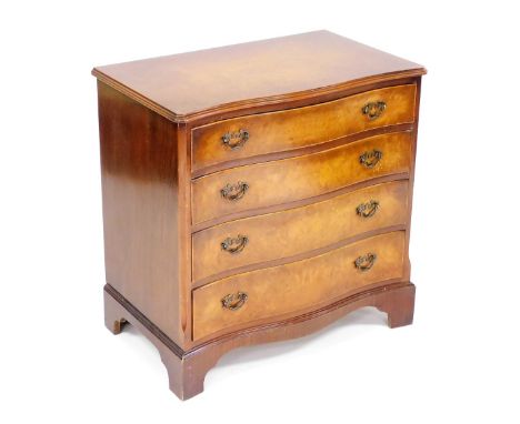 A Georgian reproduction serpentine burr walnut chest, of four long graduated drawers, raised on bracket feet, 77cm high, 77cm