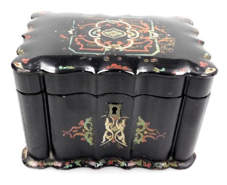 A Victorian papier mache tea caddy, by Lane of Birmingham, of serpentine form, painted and gilded with stylised flowers and f