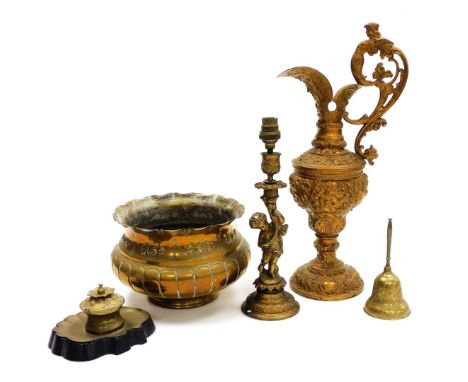 A small group of brass and metalware, comprising a brass inkwell and stand, a heavy brass figural candlestick, gilt painted s