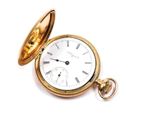 An early 20thC Elgin gold plated lady's hunter pocket watch, keyless wind, circular enamel dial bearing Roman numerals, subsi
