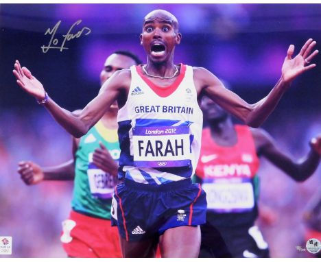 A signed print of Mo Farrah, framed and glazed, 68cm wide, 60cm deep. 