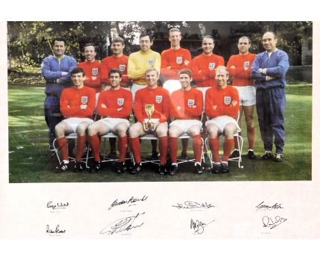 A photographic print of the 1966 England World Cup Football Squad, above signatures for Roger Hunt, Gordon Banks, Jack Charlt