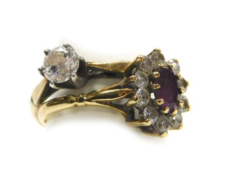 A 9ct gold and CZ solitaire ring, high claw set, size K½, together with a 9ct gold and amethyst ring, in a surround of CZs, i