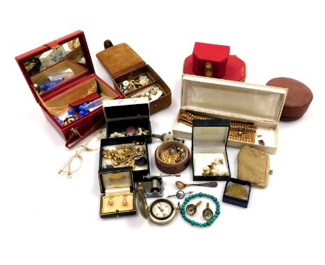 Silver and costume jewellery, including a silver and enamel pennant bar brooch, pair of compass cufflinks, cultured and simul