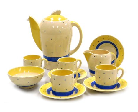 A Susie Cooper pottery part coffee service, decorated with blue crosses, blue and yellow bands, printed marks, comprising cof