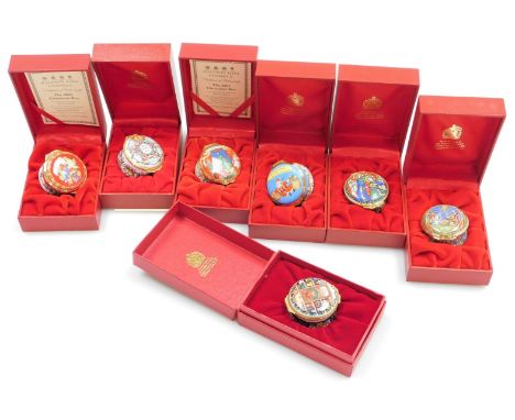 Seven Halcyon Days enamel Christmas trinket boxes, dates for 1991, 1996, 2001, 1999, 2000, 2002, and 1998, each boxed. 