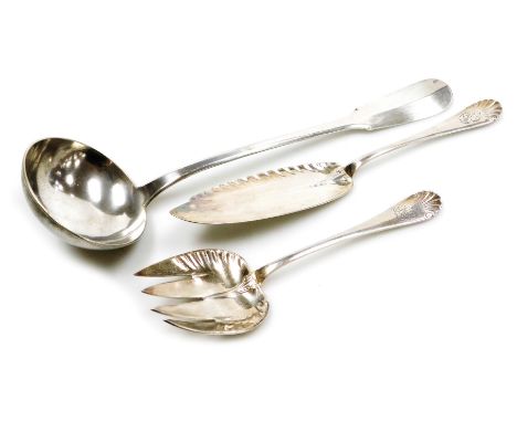 A Christofle silver plated soup ladle, together with a pair of plated fish servers, monogram engraved. (3) 