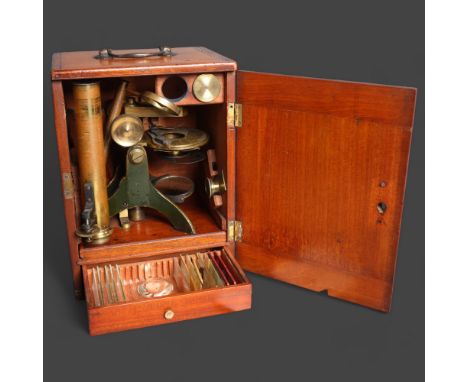 'J &amp; C Robbins, 146 Aldergate Street' - a 19th century brass monocular microscope, in bespoke wooden fitted case.