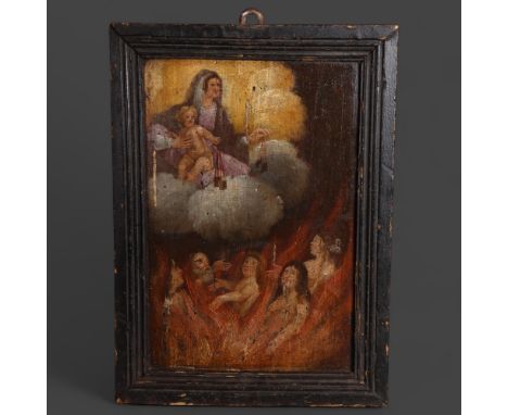 A stunning 17th century painted panel, tormented souls in purgatory. The panel depicts the vision Saint Simon Stock had on 16