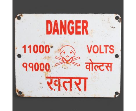 Vintage Indian Danger High Voltage Sign Metal enamel sign reading “Danger 11,000 Volts” with skull and crossbones and also wr